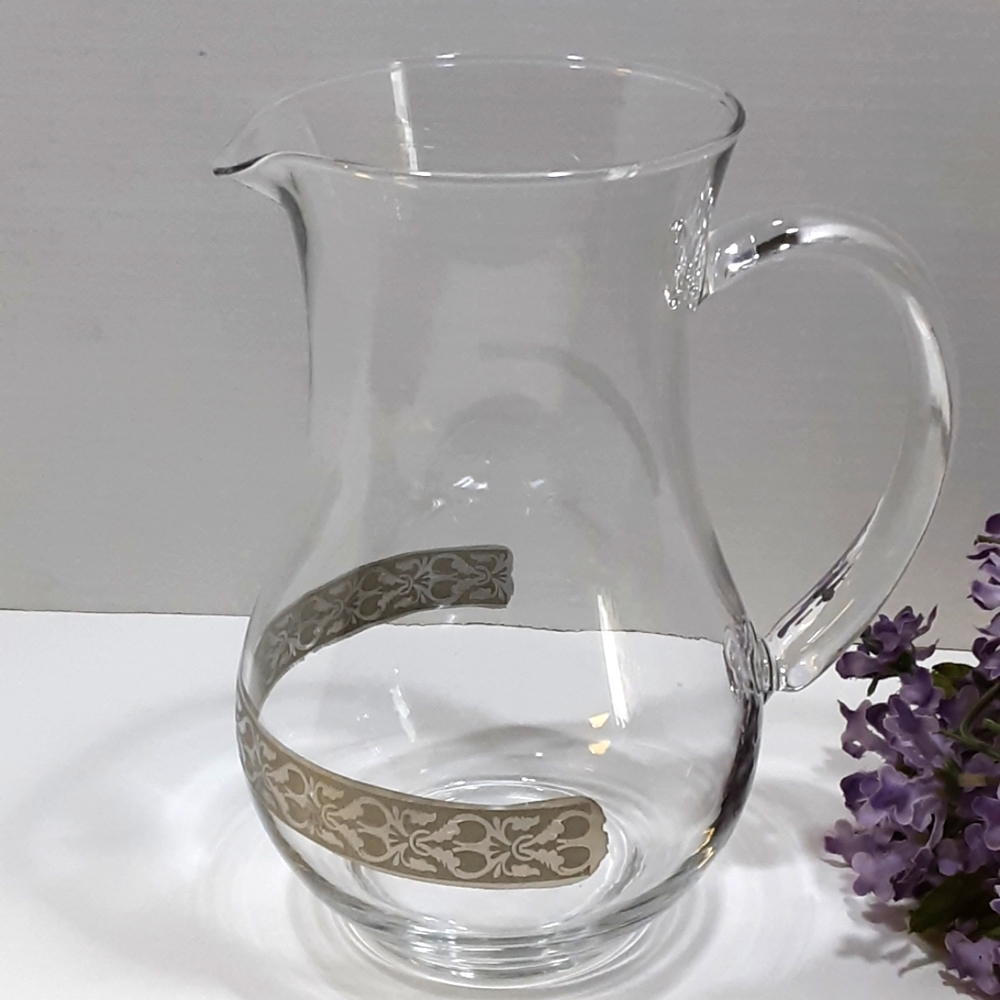 Elegant Glass Water Pitcher Wide Embossed Silver Band Juice Barware